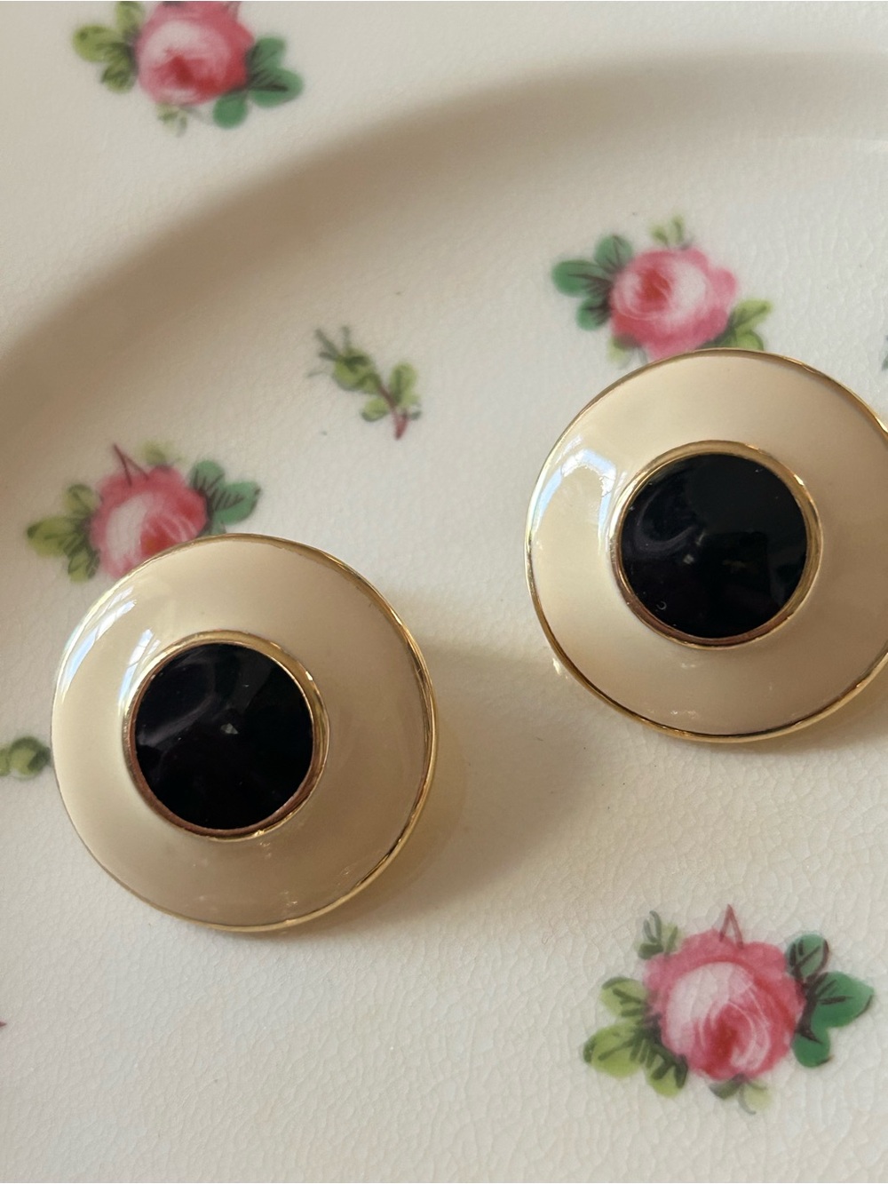 Vintage Monet button clip on earrings Cream enamel Black center gold trim stamp
